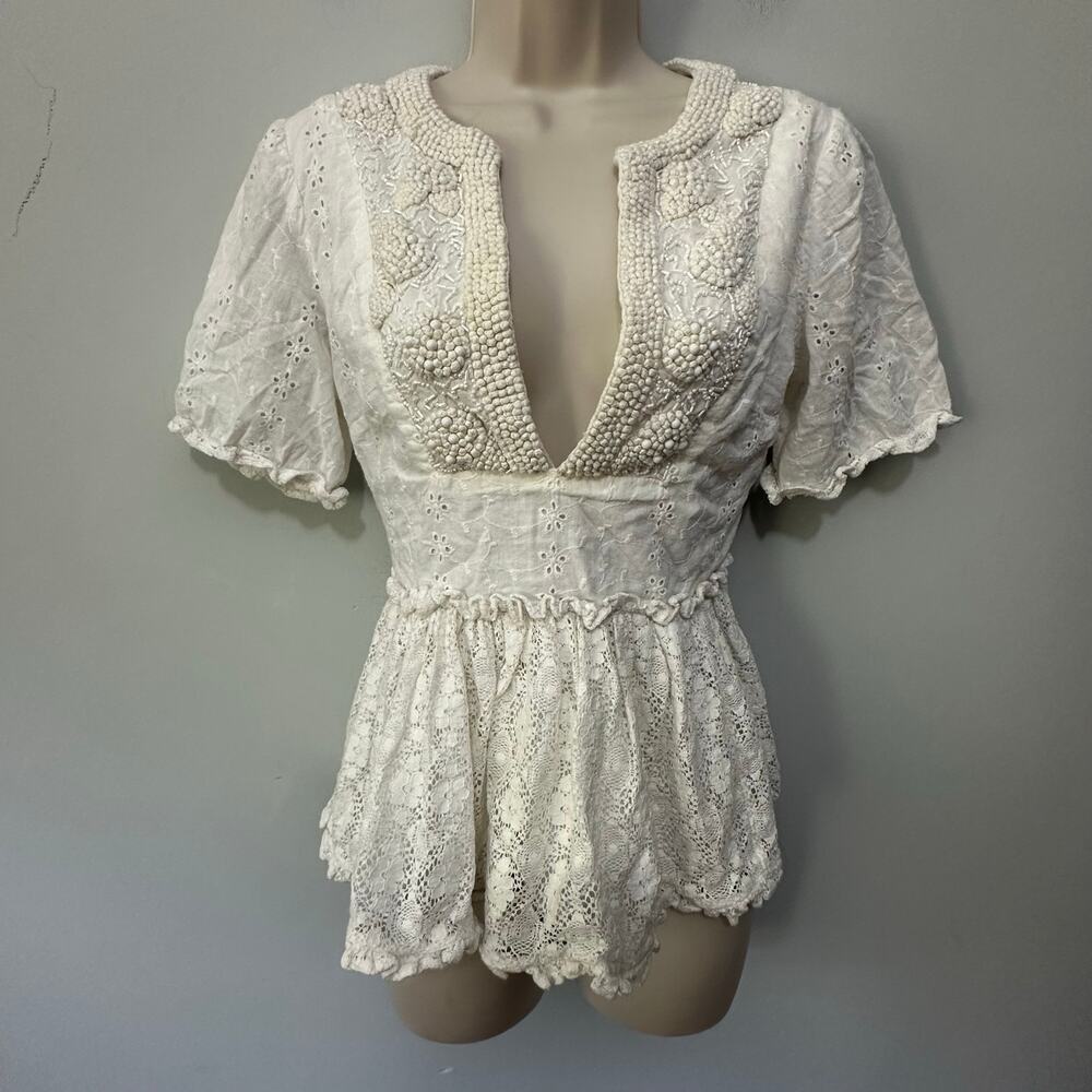 Alexis Top Womens XS White Beaded Babydoll Crochet Deep V-Neck Cottage Boho Chic
